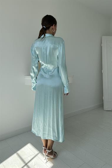 Toptan Bebe Mavi Kuşaklı Gömlek Elbise