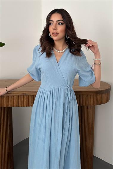 Toptan Bebe Mavi Müslin Uzun Elbise