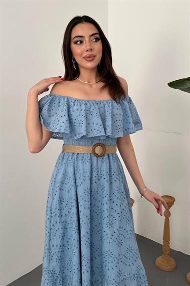Toptan Bebe Mavi Omzu Lastikli Brode Elbise