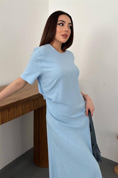 Toptan Bebe Mavi Pileli Bisiklet Yaka Elbise