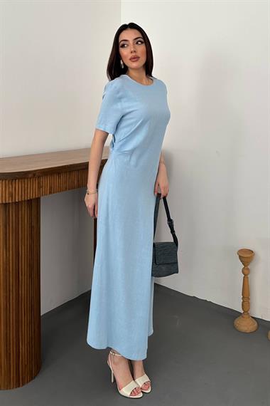 Toptan Bebe Mavi Pileli Bisiklet Yaka Elbise