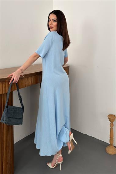 Toptan Bebe Mavi Pileli Bisiklet Yaka Elbise