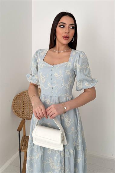 Toptan Bebe Mavi Süs Düğmeli Balon Kollu Elbise