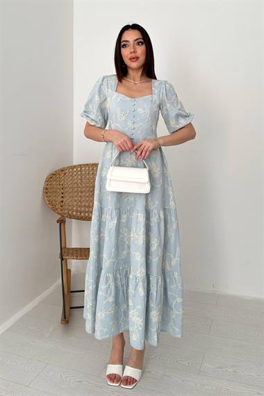 Toptan Bebe Mavi Süs Düğmeli Balon Kollu Elbise