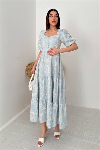 Toptan Bebe Mavi Süs Düğmeli Balon Kollu Elbise