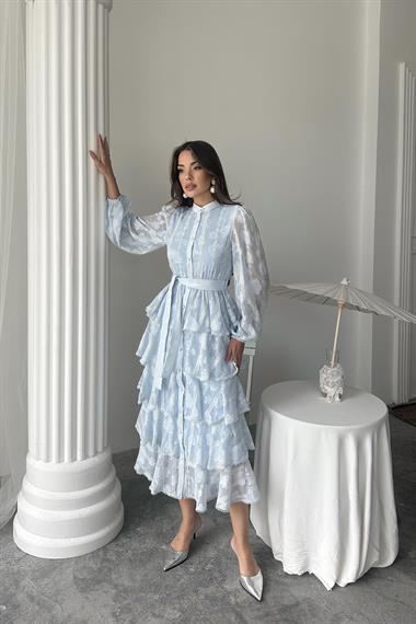 Toptan Bebe Mavi Uzun Volanlı Elbise