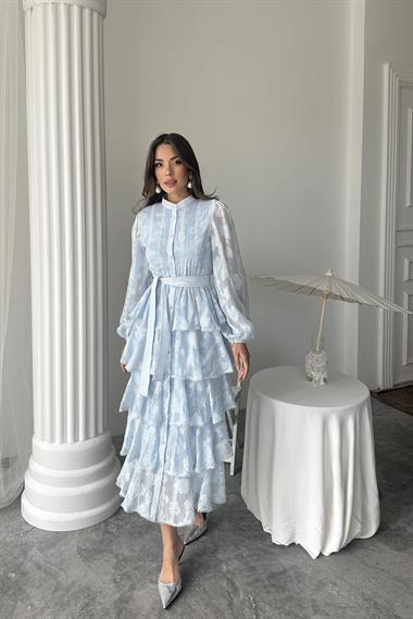 Toptan Bebe Mavi Uzun Volanlı Elbise