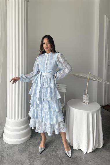 Toptan Bebe Mavi Uzun Volanlı Elbise