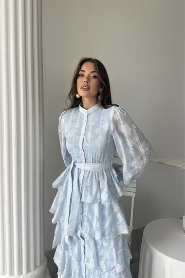 Toptan Bebe Mavi Uzun Volanlı Elbise