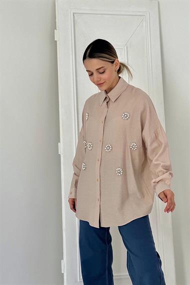 Toptan Bej 8 Parça Taşlı Gömlek