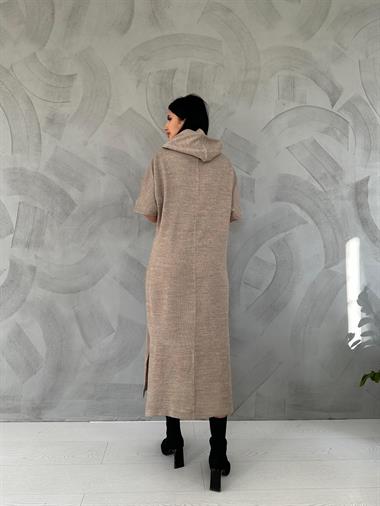 Toptan Bej Akrilik Kapüşonlu Elbise
