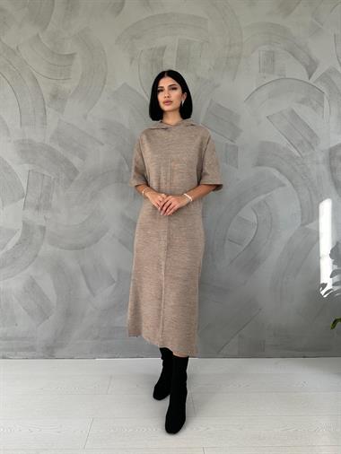 Toptan Bej Akrilik Kapüşonlu Elbise