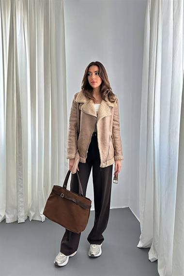 Toptan Bej Apoletli Kürklü Ceket