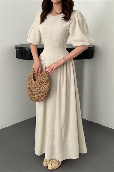Toptan Bej Arkadan Bağlamalı Büzgülü Keten Elbise