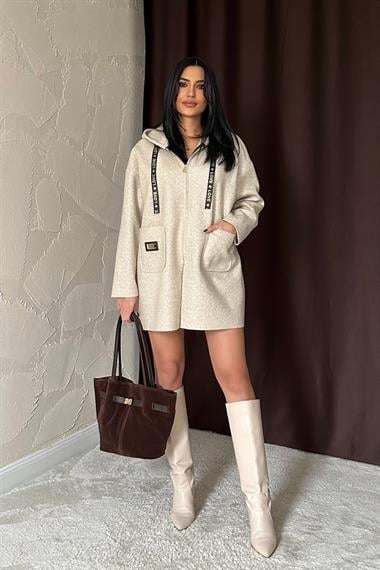 Toptan Bej Armalı Kapşonlu Peluş Ceket