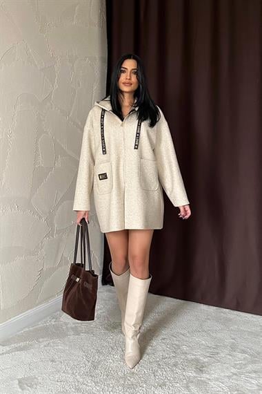 Toptan Bej Armalı Kapşonlu Peluş Ceket