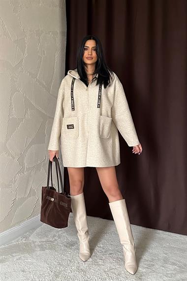 Toptan Bej Armalı Kapşonlu Peluş Ceket