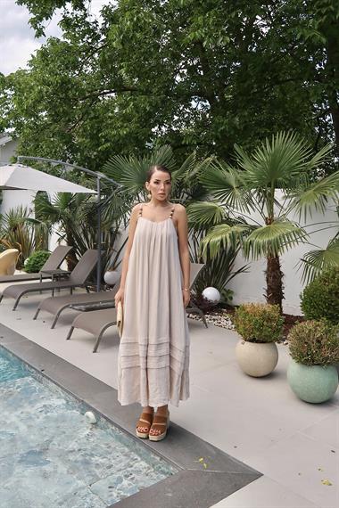 Toptan Bej Askılı Müslin Elbise