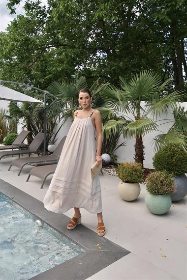 Toptan Bej Askılı Müslin Elbise