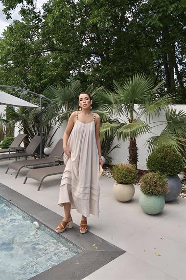 Toptan Bej Askılı Müslin Elbise