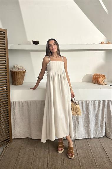 Toptan Bej Askılı Pileli Keten Elbise