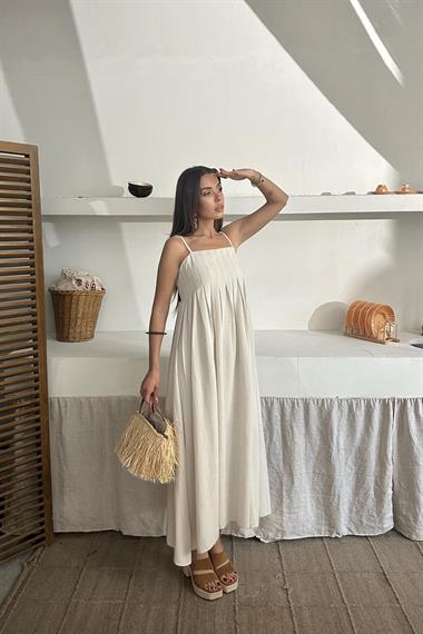 Toptan Bej Askılı Pileli Keten Elbise