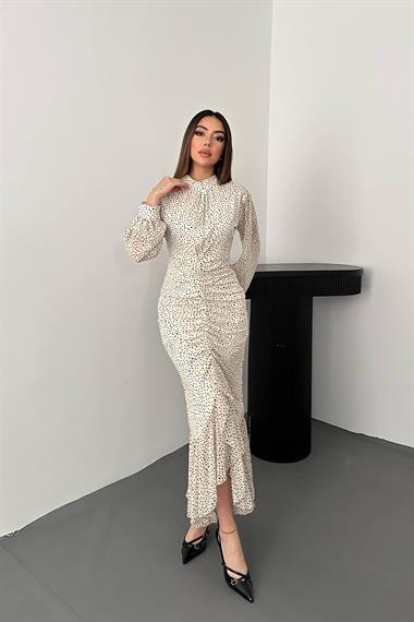 Toptan Bej Balık Şifon Elbise