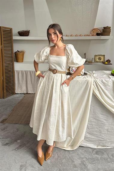 Toptan Bej Balon Kollu Brode Elbise