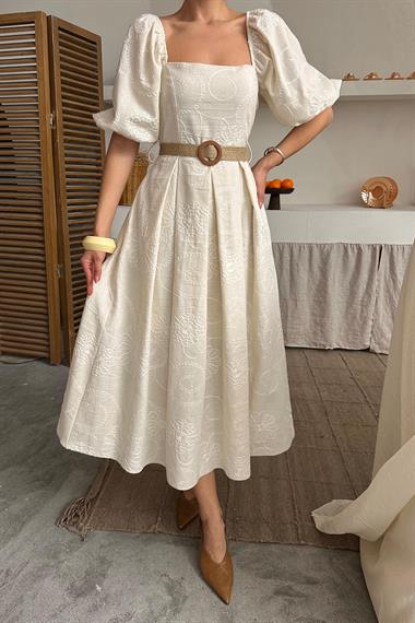 Toptan Bej Balon Kollu Brode Elbise