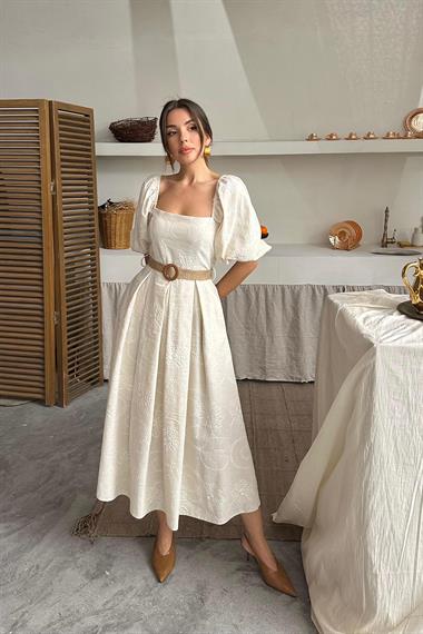 Toptan Bej Balon Kollu Brode Elbise