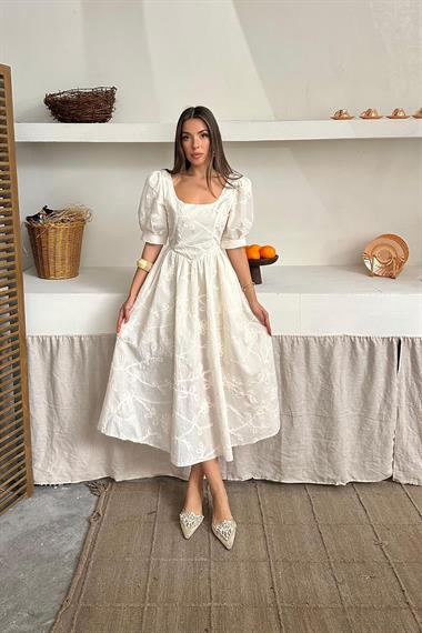 Toptan Bej Balon Kollu Brode Elbise