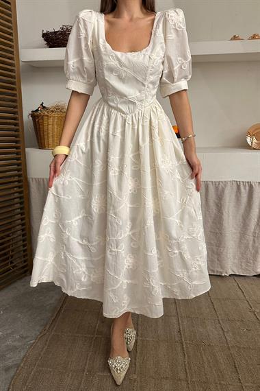 Toptan Bej Balon Kollu Brode Elbise