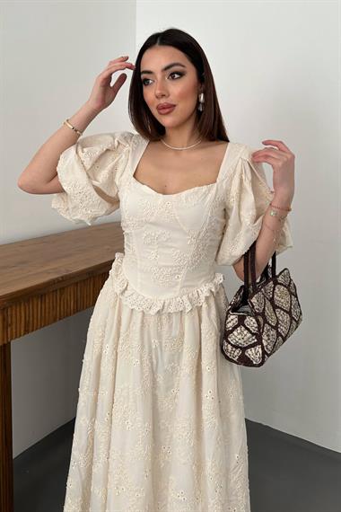 Toptan Bej Balon Kollu Dantelli Brode Elbise