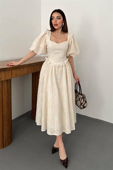 Toptan Bej Balon Kollu Dantelli Brode Elbise
