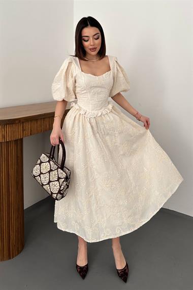 Toptan Bej Balon Kollu Dantelli Brode Elbise