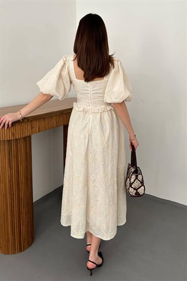 Toptan Bej Balon Kollu Dantelli Brode Elbise