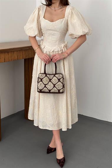 Toptan Bej Balon Kollu Dantelli Brode Elbise