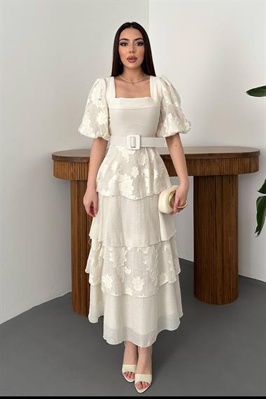 Toptan Bej Balon Kollu Kat Kat Elbise