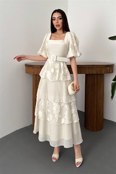 Toptan Bej Balon Kollu Kat Kat Elbise