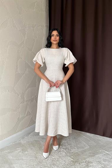 Toptan Bej Balon Kollu Uzun Elbise