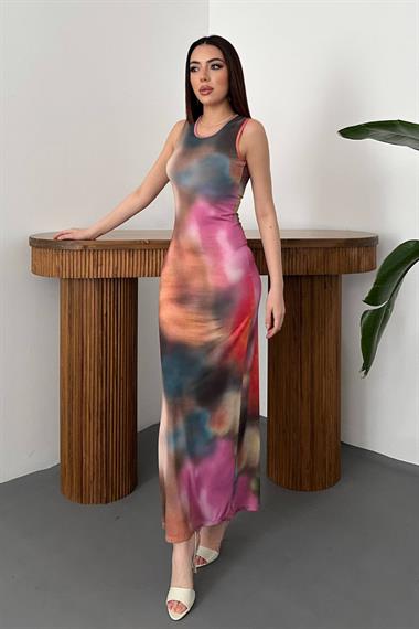 Toptan Bej Batik Desenli Elbise