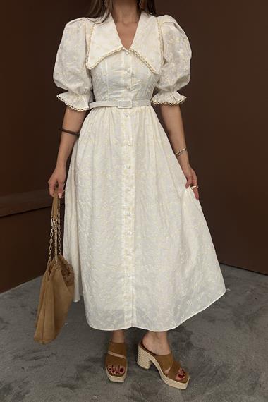 Toptan Bej Bebe Yaka Balon Kollu Brode Elbise