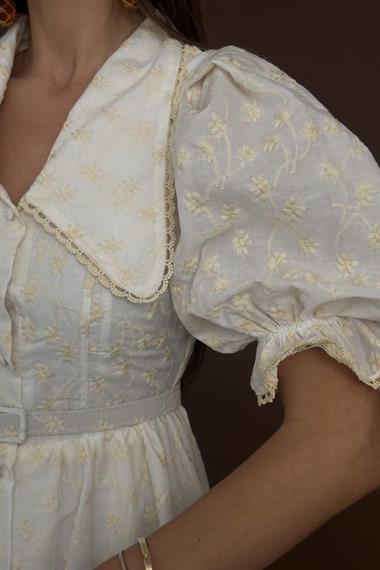 Toptan Bej Bebe Yaka Balon Kollu Brode Elbise