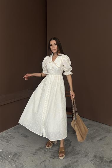 Toptan Bej Bebe Yaka Balon Kollu Brode Elbise