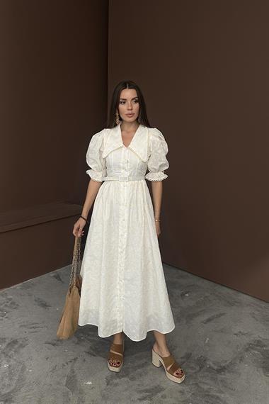 Toptan Bej Bebe Yaka Balon Kollu Brode Elbise