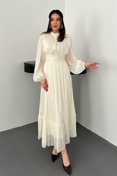 Toptan Bej Bel Büzgülü Elbise