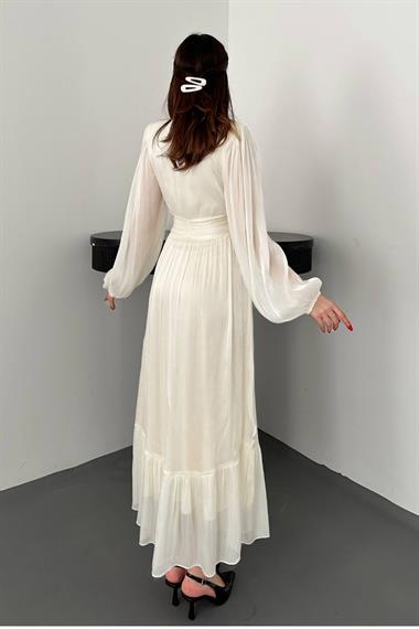 Toptan Bej Bel Büzgülü Elbise