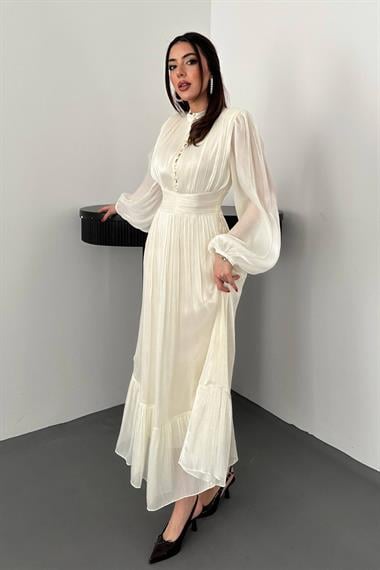 Toptan Bej Bel Büzgülü Elbise