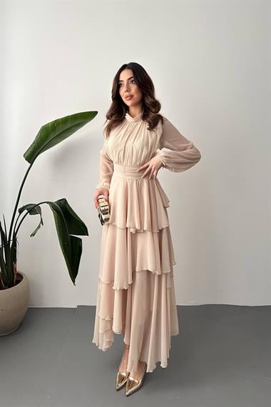 Toptan Bej Bel Detaylı Elbise