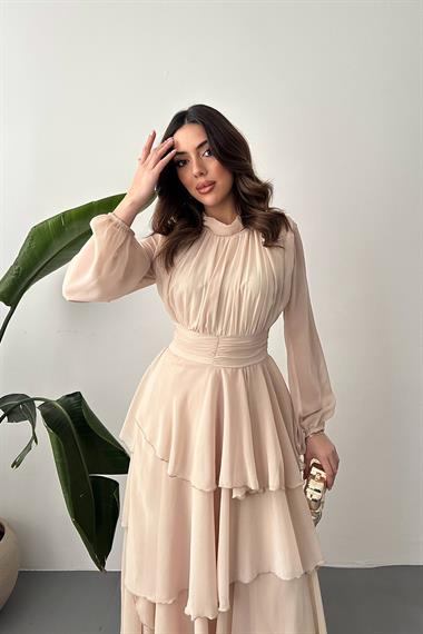 Toptan Bej Bel Detaylı Elbise